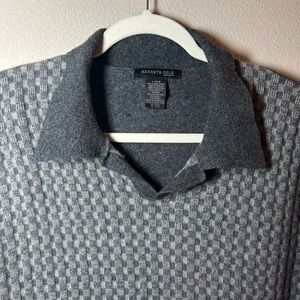 Mens Large Sweater with Collar Grey Lambs Wool Checker Preppy Kenneth Cole